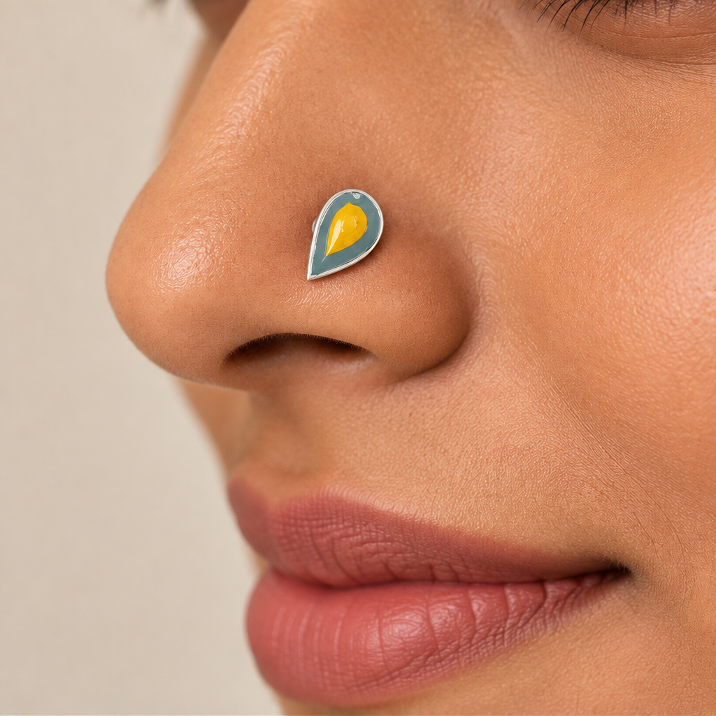 Dusk – Grey and Yellow Teardrop Handpainted 925 Sterling Silver Nose Pin