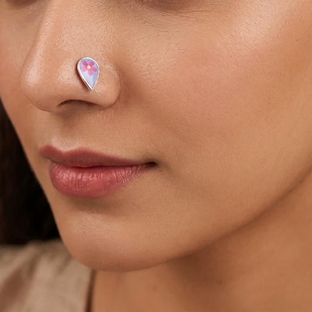 Mauvette – Mauve Teardrop Handpainted Floral 925 Sterling Silver Nose Pin