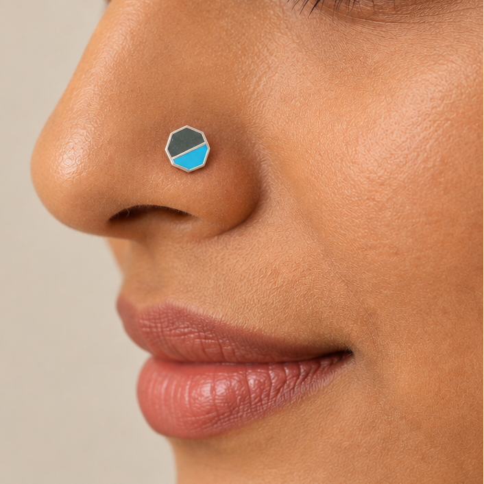 Storm – Blue and Grey Octagon Handpainted 925 Sterling Silver Nose Pin