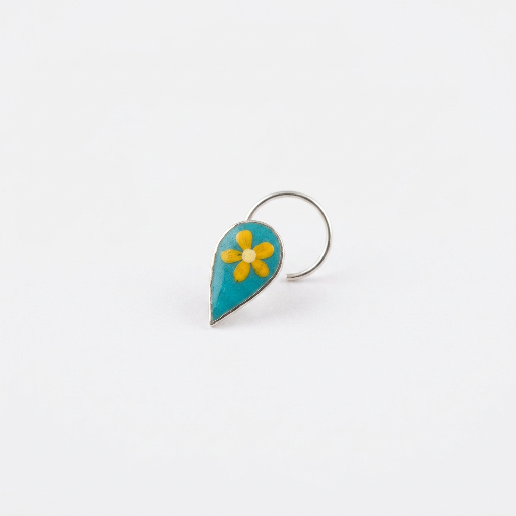 Marigold – Teal and Yellow Floral Handpainted 925 Sterling Silver Nose Pin