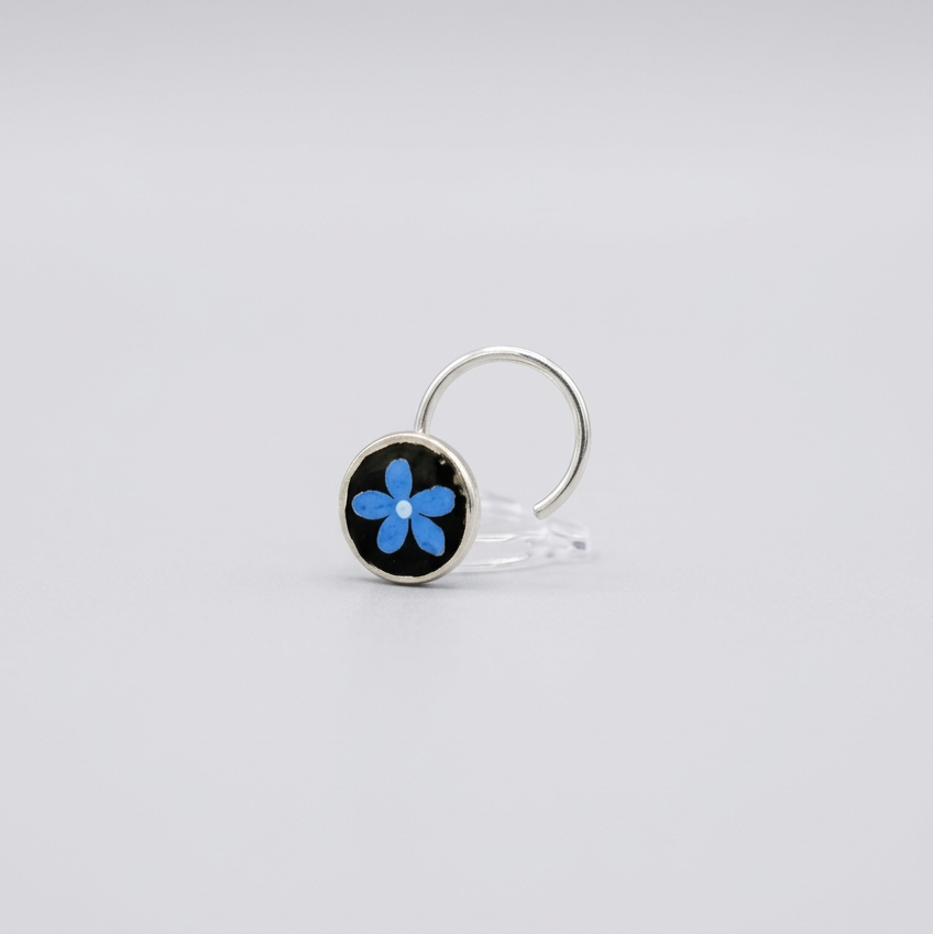 Midnight Bloom – Black and Blue Floral Handpainted 925 Sterling Silver Nose Pin