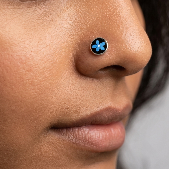 Midnight Bloom – Black and Blue Floral Handpainted 925 Sterling Silver Nose Pin