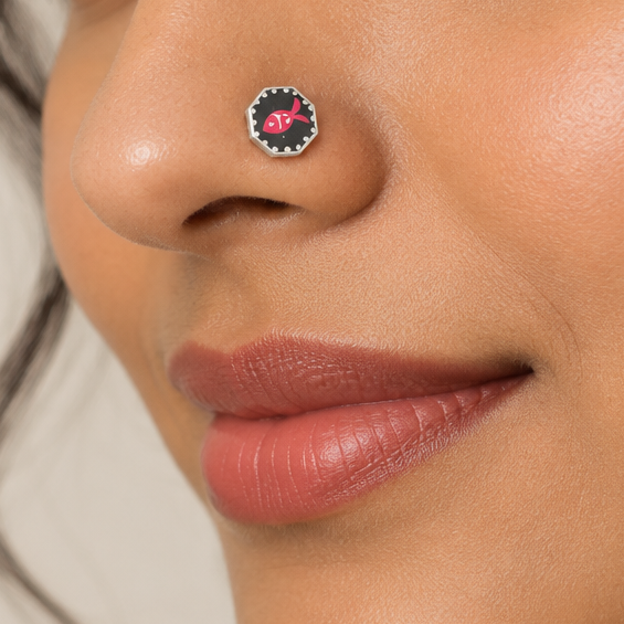 Finny – Grey and Pink Fish Handpainted 925 Sterling Silver Nose Pin