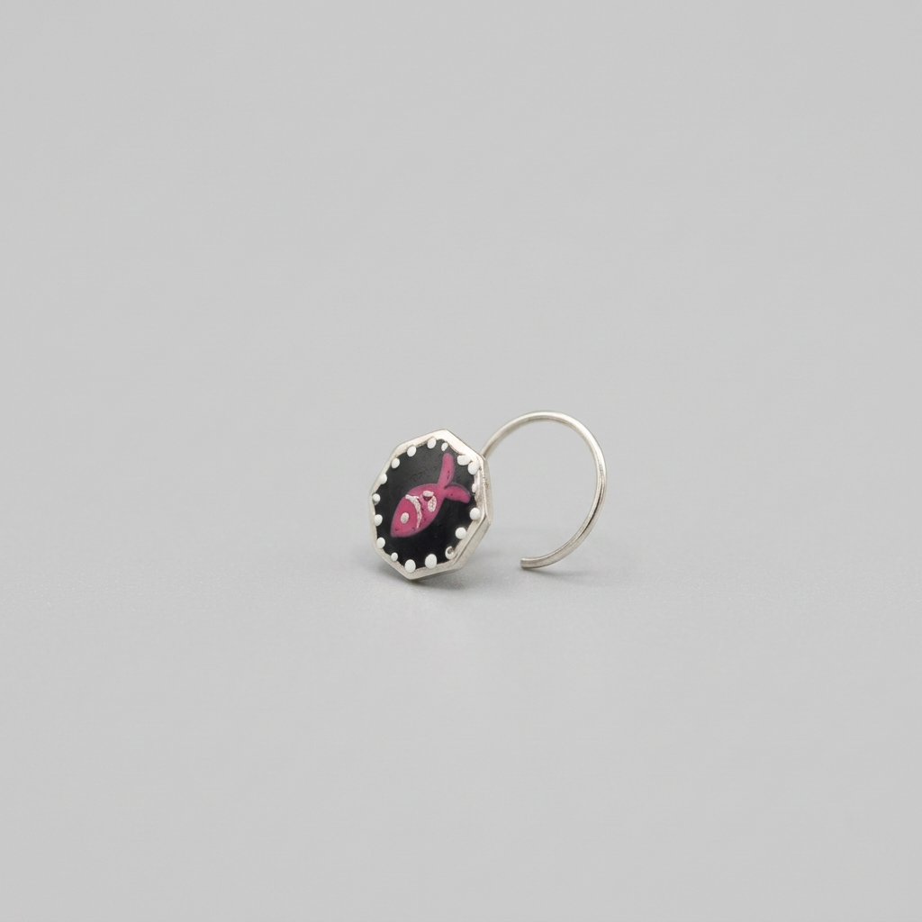 Finny – Grey and Pink Fish Handpainted 925 Sterling Silver Nose Pin