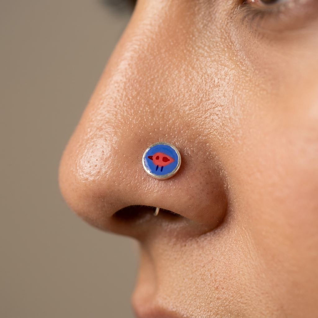 Scarlet – Blue Background with Red Bird Handpainted 925 Sterling Silver Nose Pin