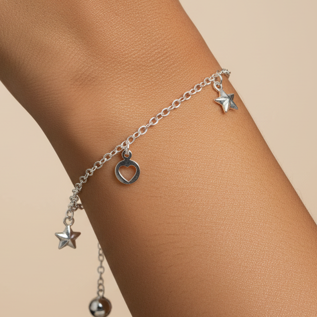 Solid Star & Heart Charm Chain Bracelet - 92.5 Sterling Silver