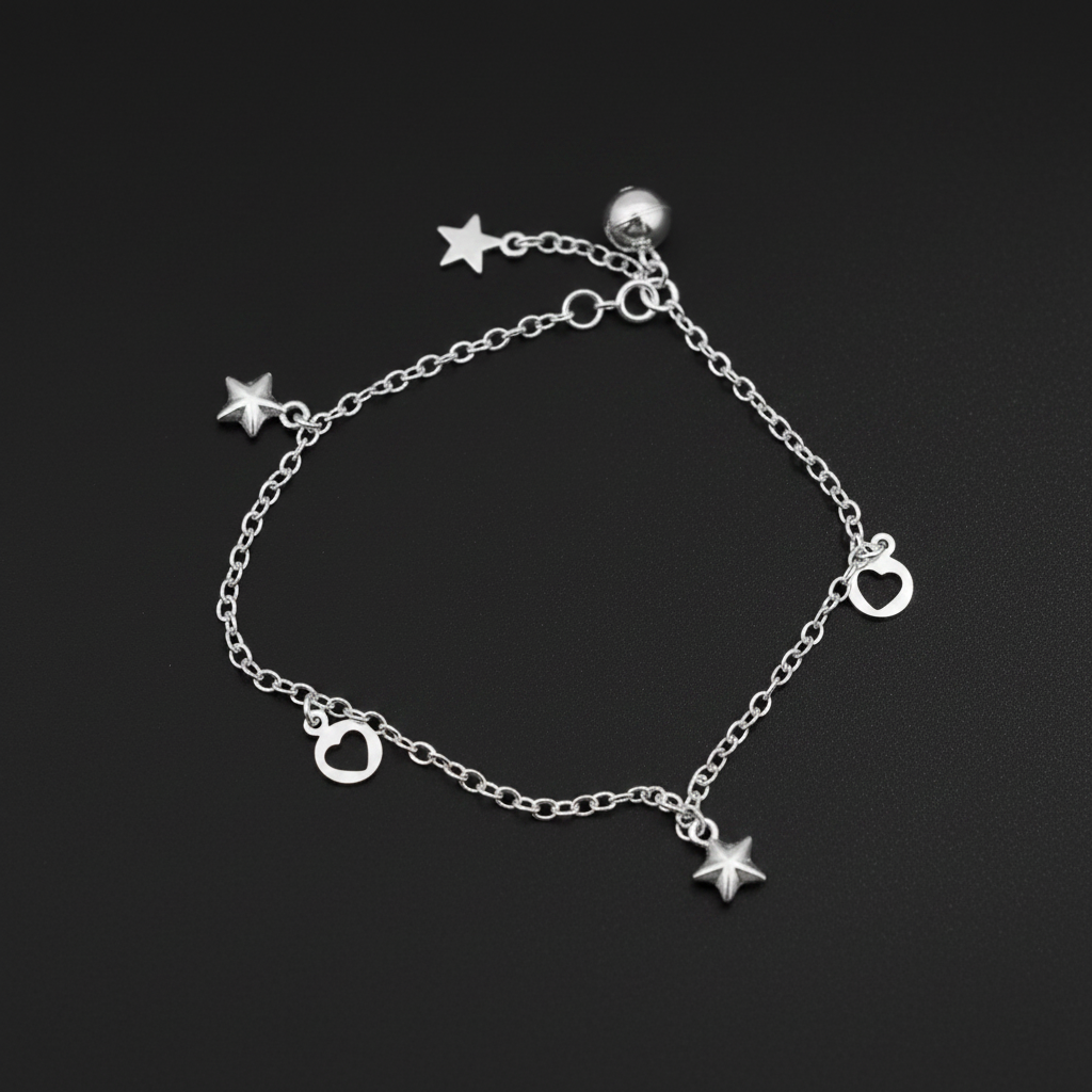 Solid Star & Heart Charm Chain Bracelet - 92.5 Sterling Silver