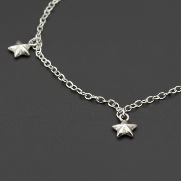 Solid Star & Heart Charm Chain Bracelet - 92.5 Sterling Silver