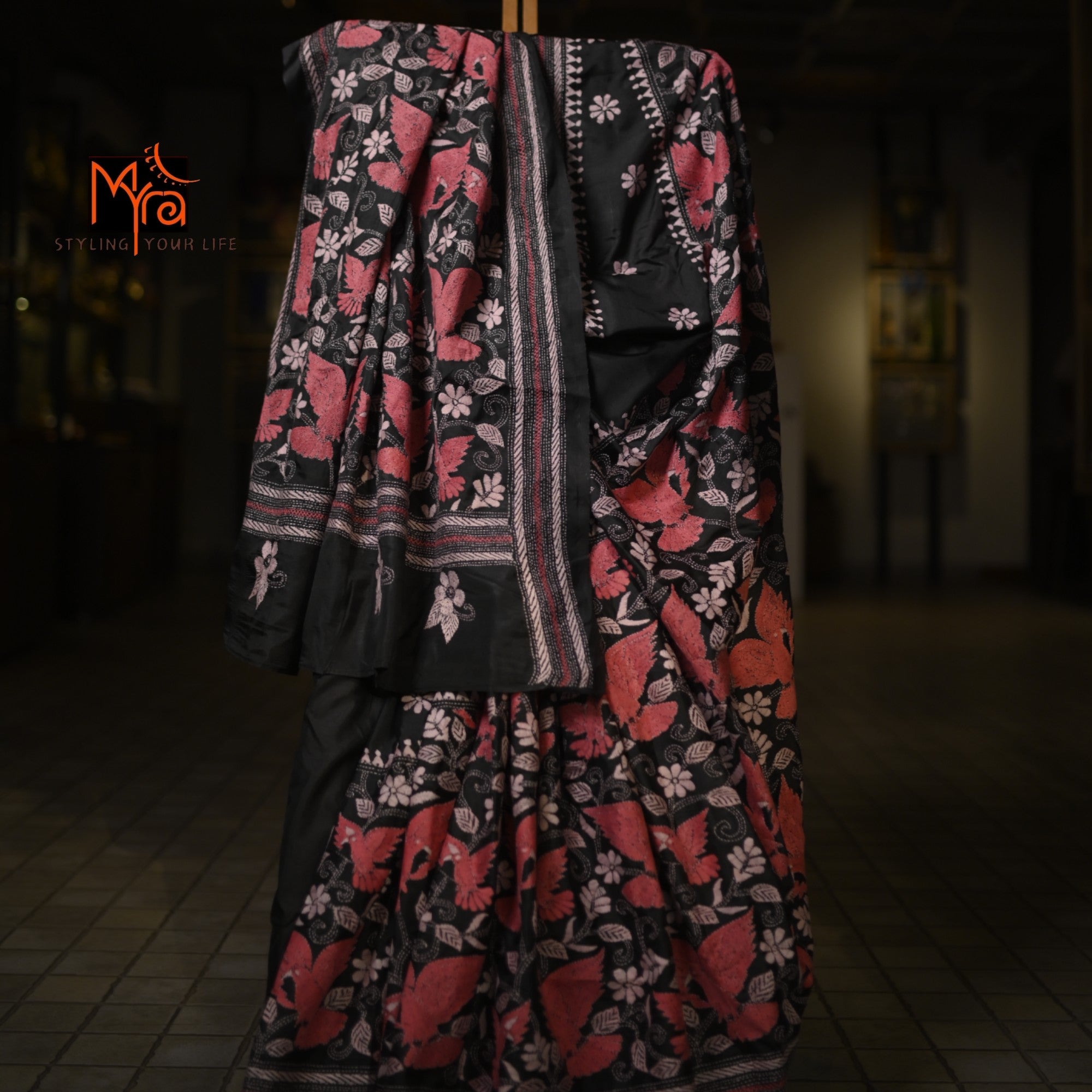 Mixed Silk Saree (Black with Pink Stitch)