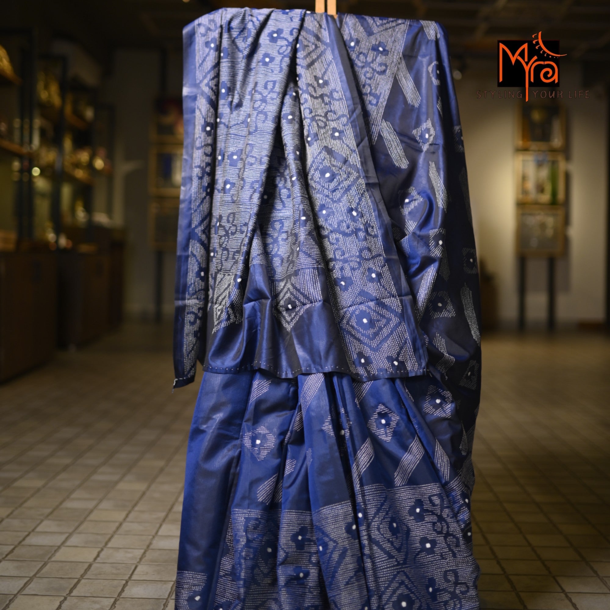 Mixed Silk Saree (Navy Blue with White)