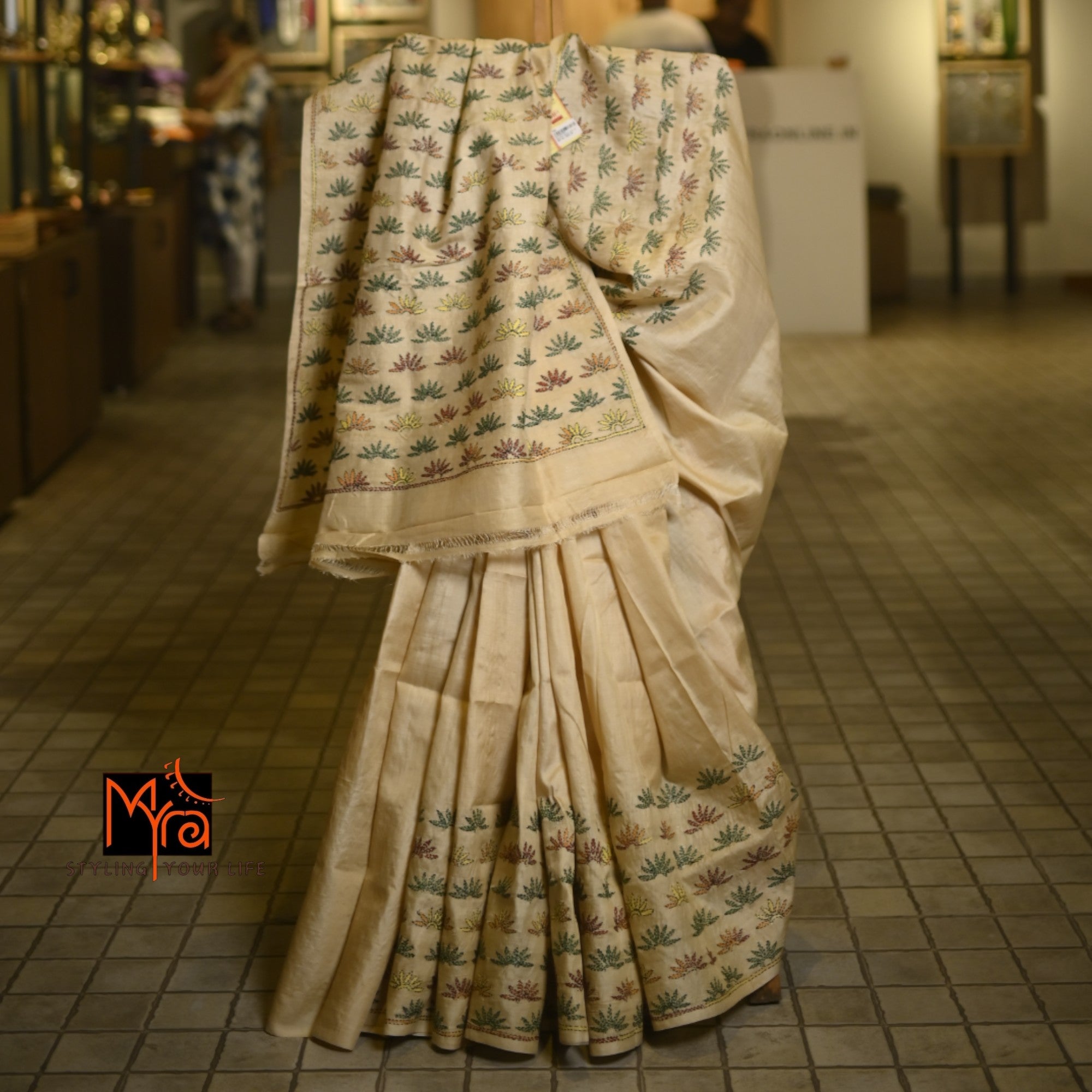 Silk Saree (Off-white with multicolor stitch)