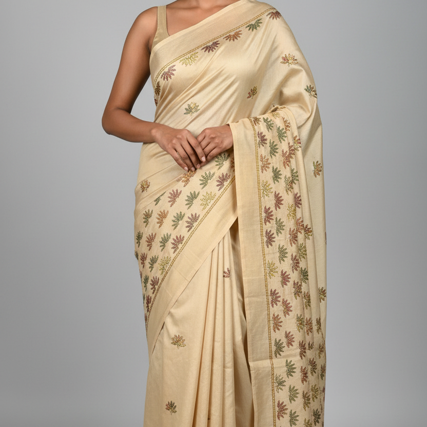 Silk Saree (Off-white with multicolor stitch)