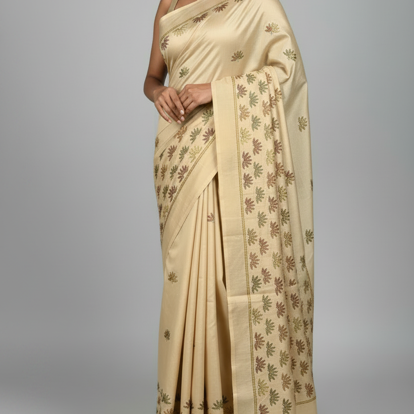 Silk Saree (Off-white with multicolor stitch)