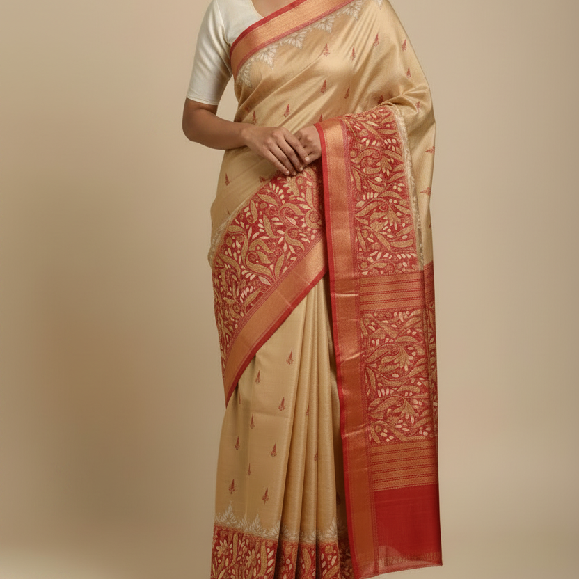 Tussar Silk Saree (Off-white with Red Kantha Stitch)