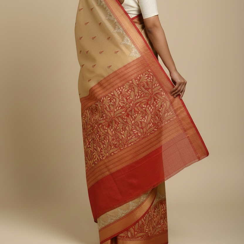 Tussar Silk Saree (Off-white with Red Kantha Stitch)