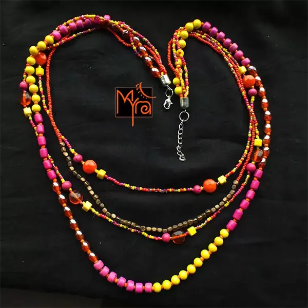 Yellow and Pink Beaded Layered Long Necklace