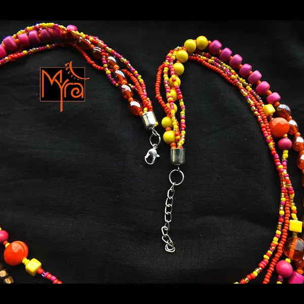 Yellow and Pink Beaded Layered Long Necklace