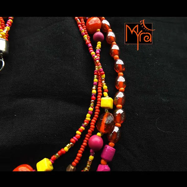 Yellow and Pink Beaded Layered Long Necklace