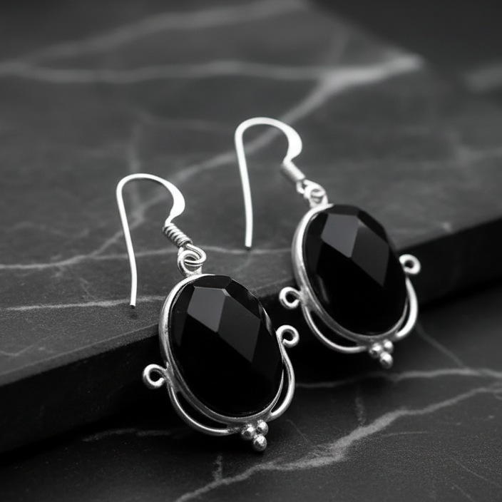 Cut Black Onyx Oval Shaped Earrings