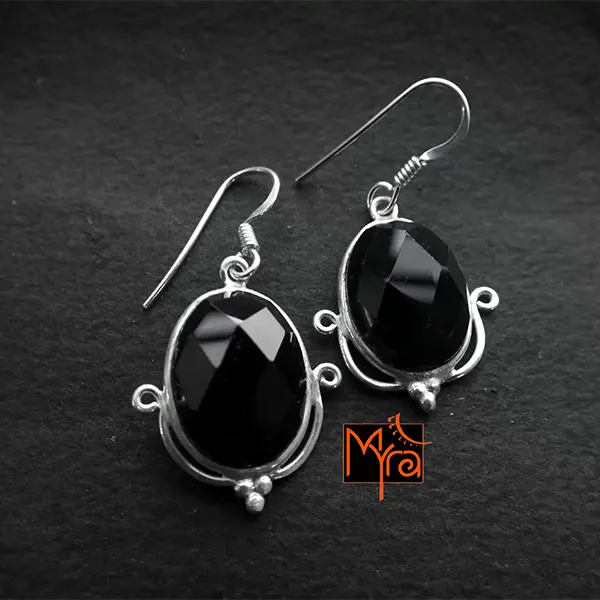Cut Black Onyx Oval Shaped Earrings
