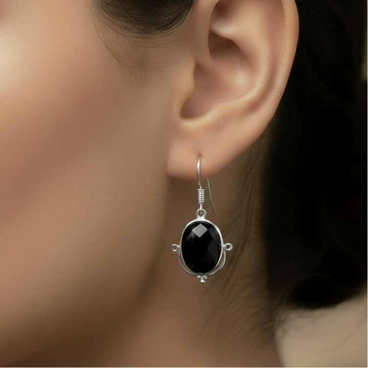 Cut Black Onyx Oval Shaped Earrings