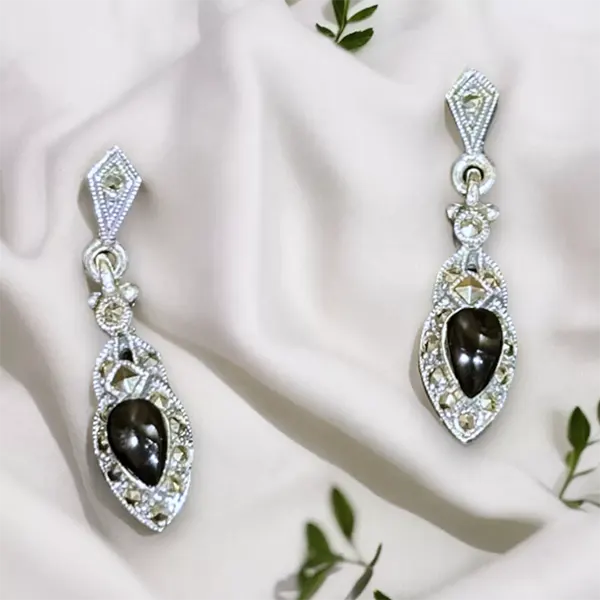 Pure Silver Marcasite & Black Onyx Drop Earrings