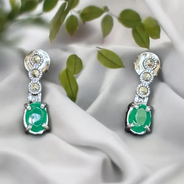 Pure Silver Marcasite & Green Onyx Earrings with Pushback