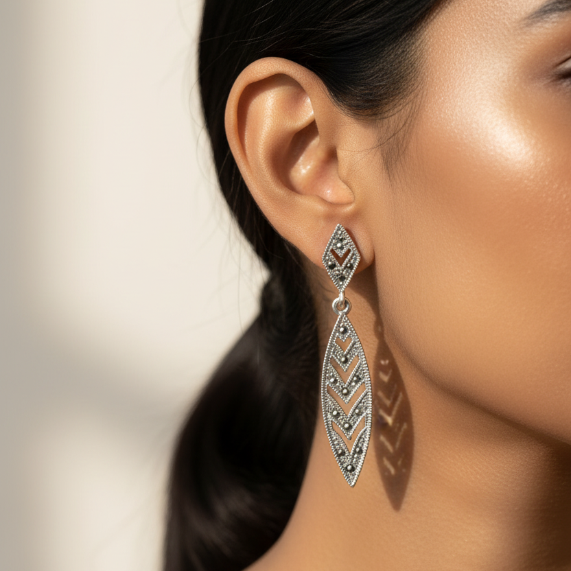 Pure Silver Marcasite Leaf Pattern Earrings