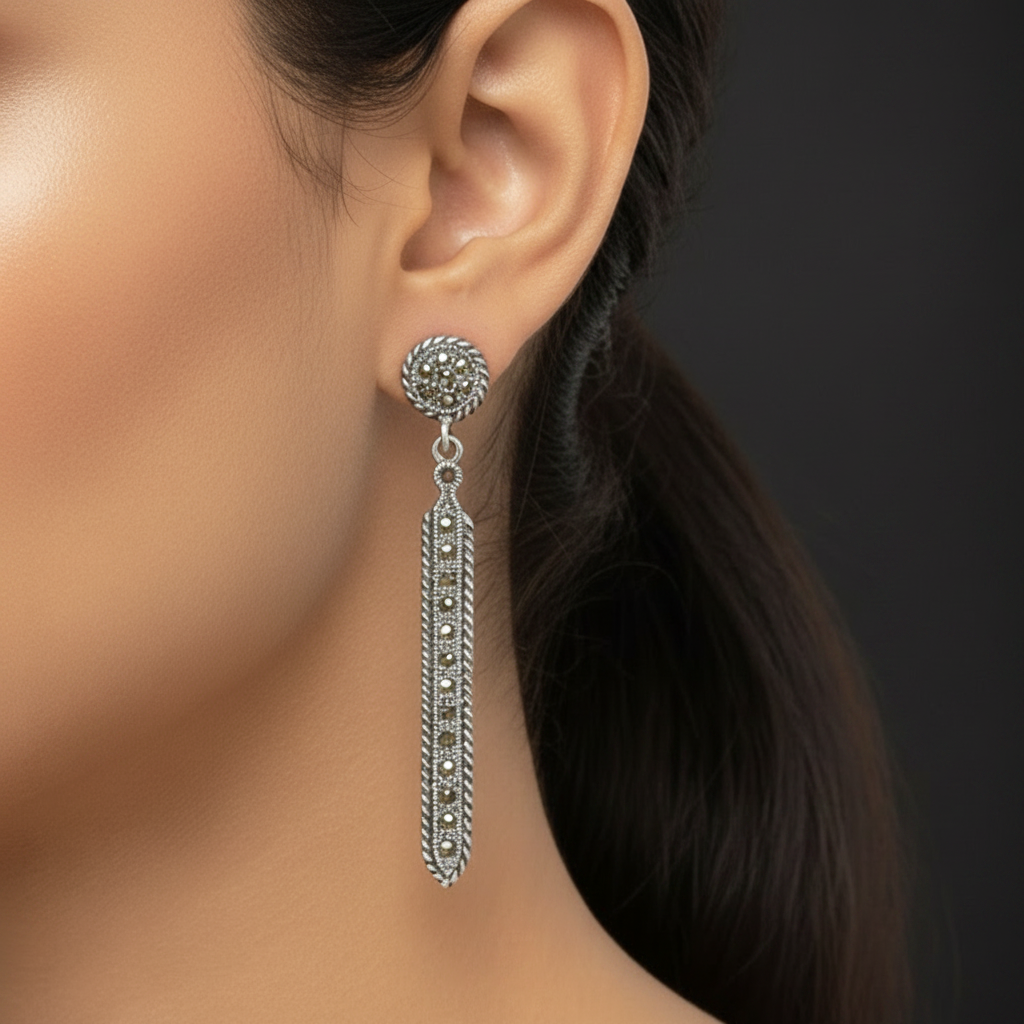 Pure Silver Marcasite Long Pattern Earrings