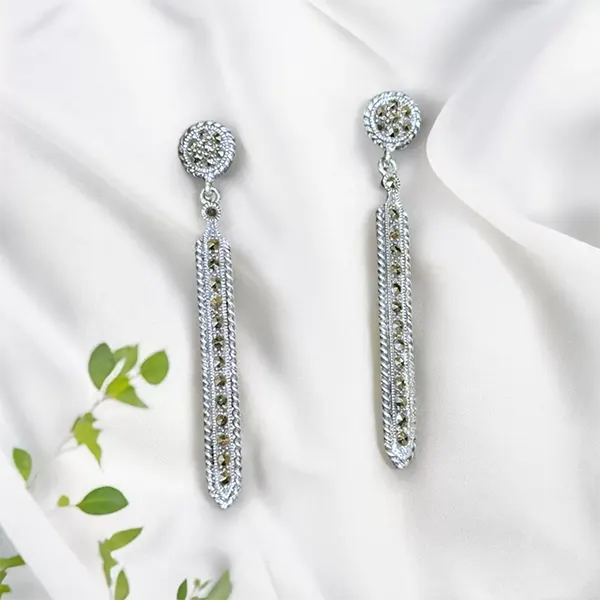 Pure Silver Marcasite Long Pattern Earrings