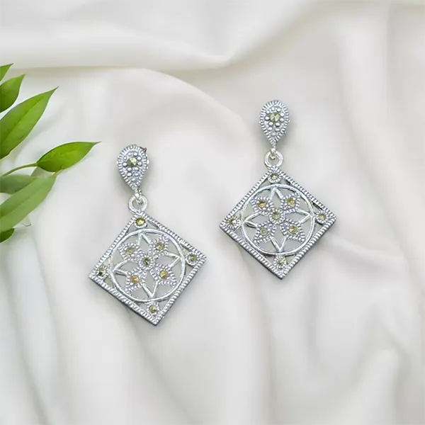 Pure Silver Marcasite Rhombus Pattern Earrings