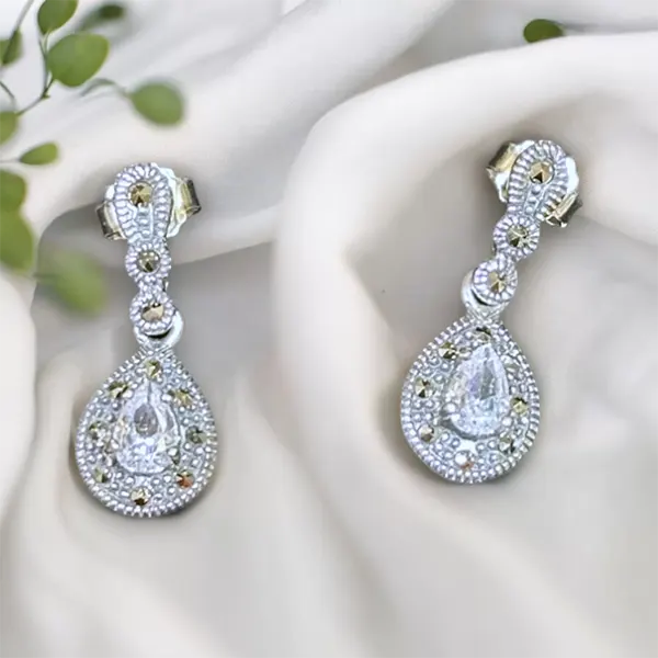 Pure Silver Marcasite & Zircon Drop Earrings