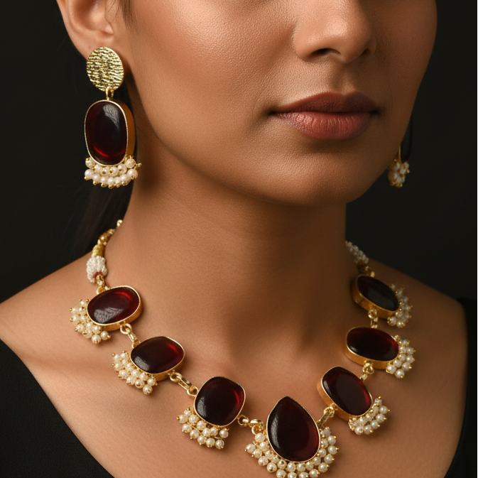 Maroon Bloom Necklace & Earring Set