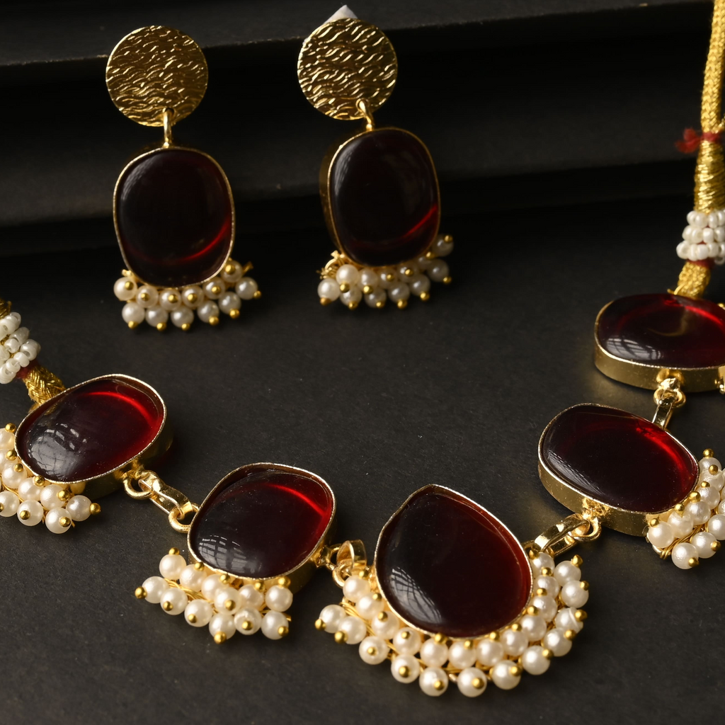 Maroon Bloom Necklace & Earring Set