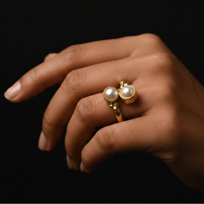 Twin Pearl Brass Ring
