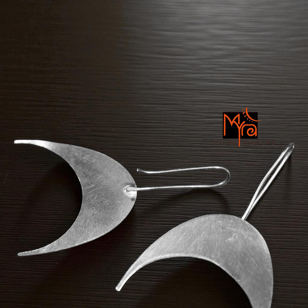 The Inverted Crescent Brass Hanging Earrings (Silver Polished)