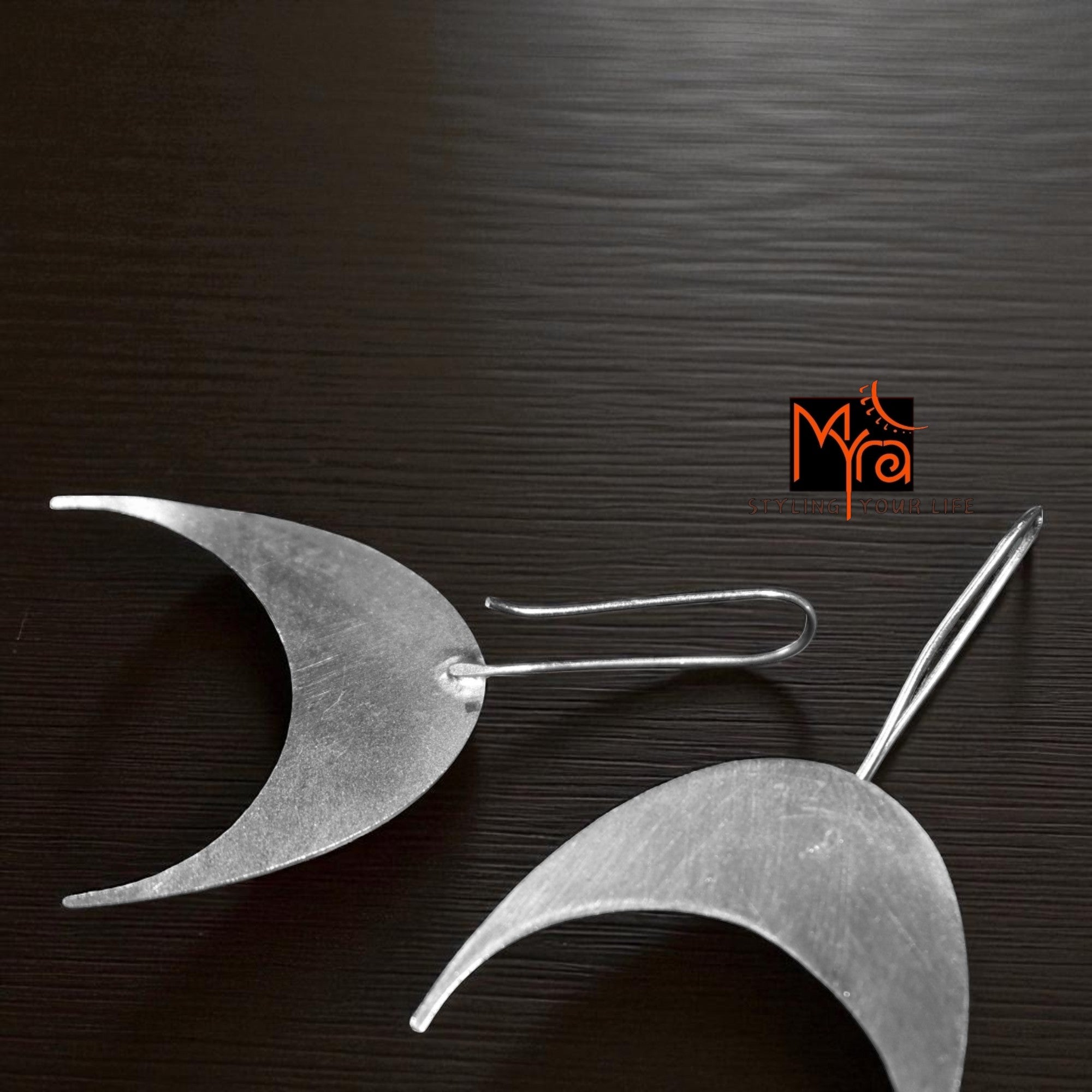 The Inverted Crescent Brass Hanging Earrings (Silver Polished)