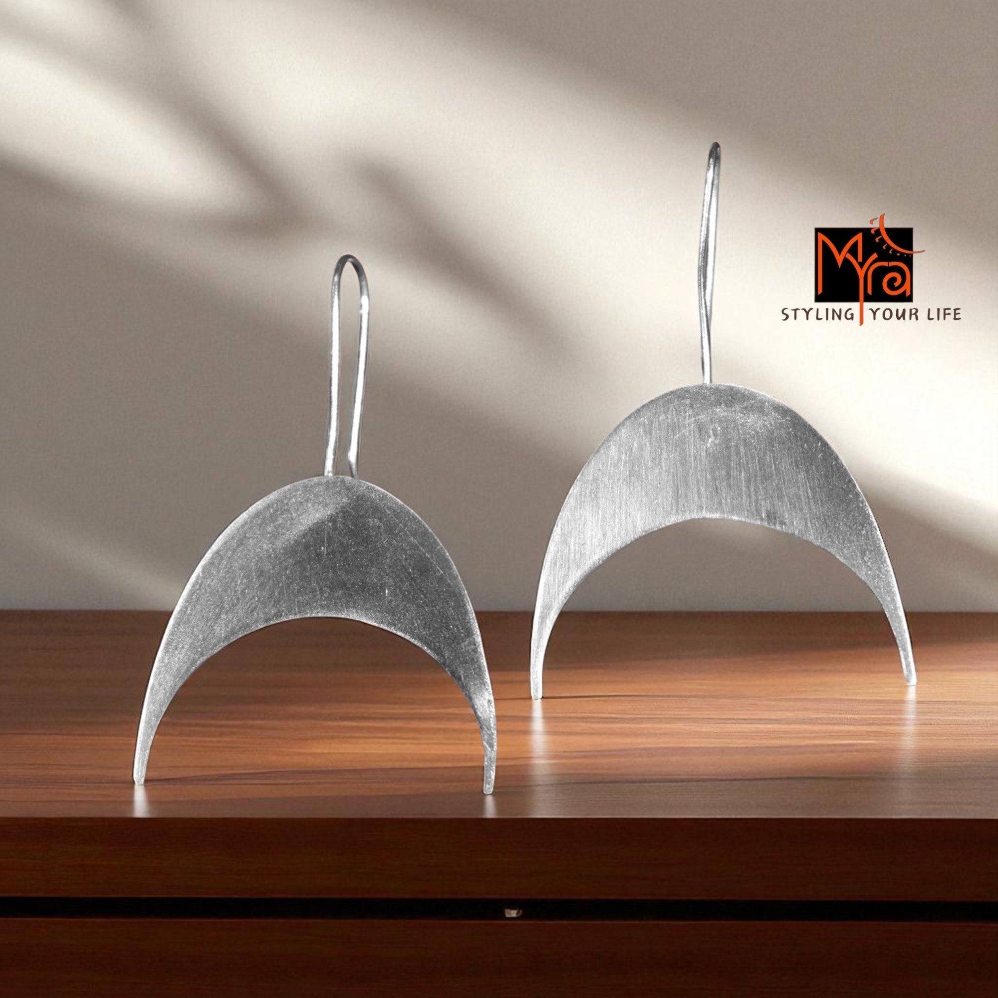 The Inverted Crescent Brass Hanging Earrings (Silver Polished)