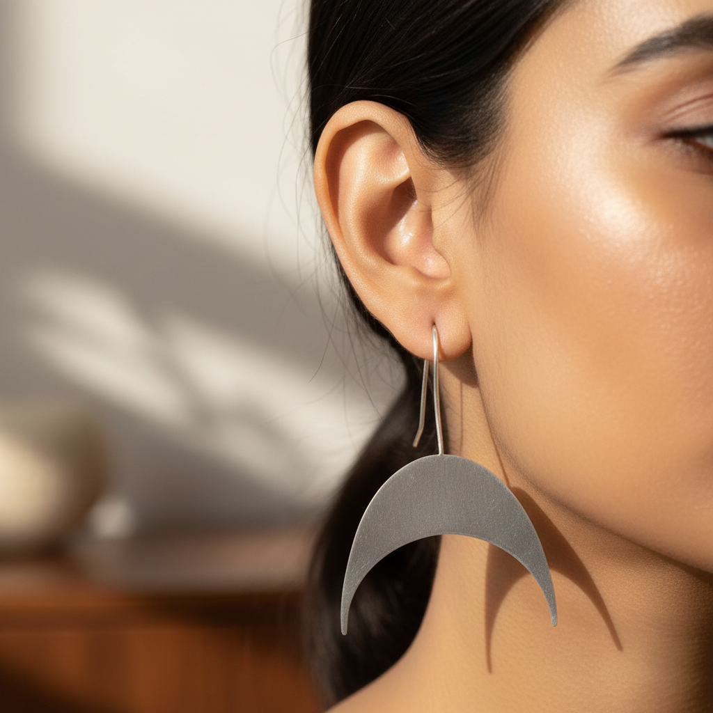 The Inverted Crescent Brass Hanging Earrings (Silver Polished)