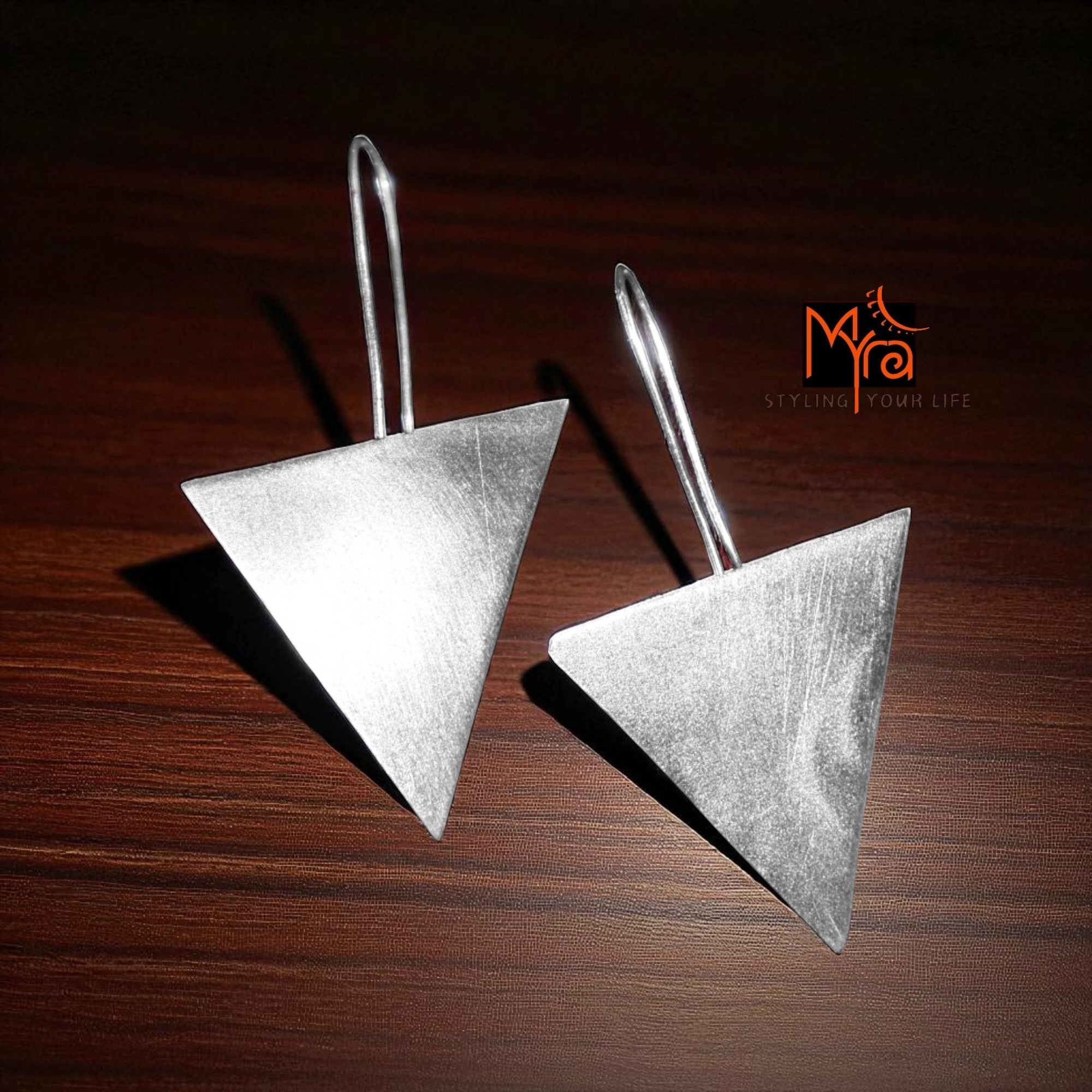 The Inverted Triangle Brass Hanging Earrings (Silver Polished)