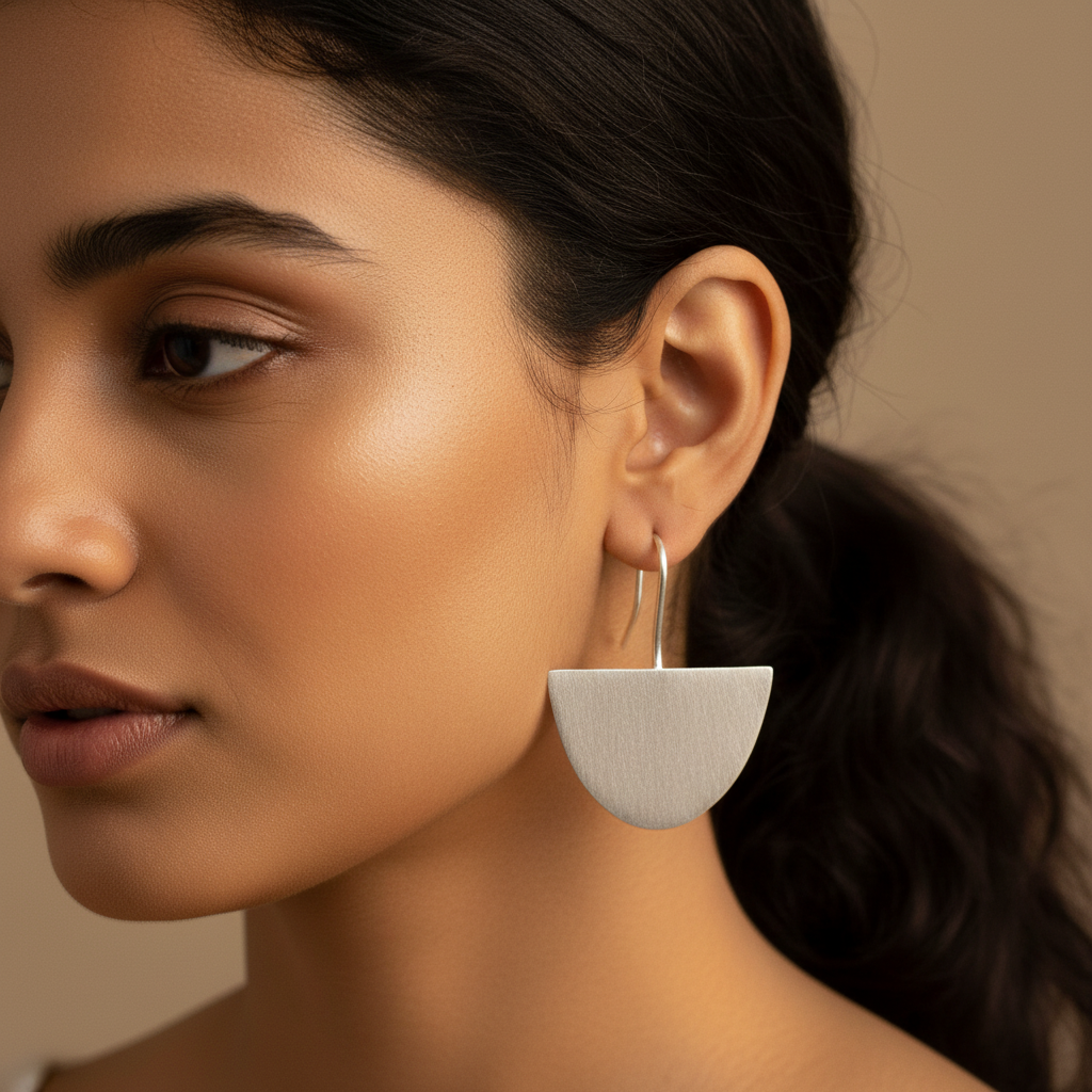 The Semi Circle Brass Hanging Earrings (Silver Polished)