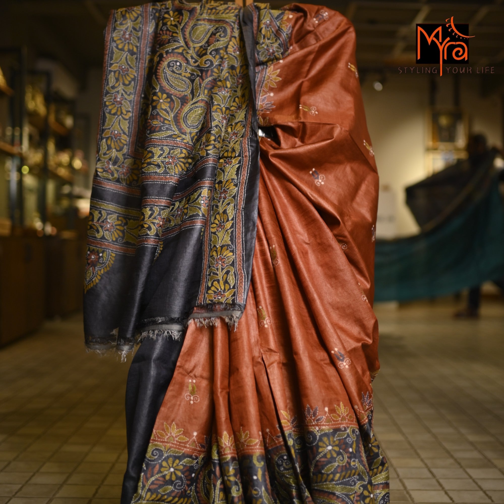 Tussar Silk Saree (Rust with Grey)