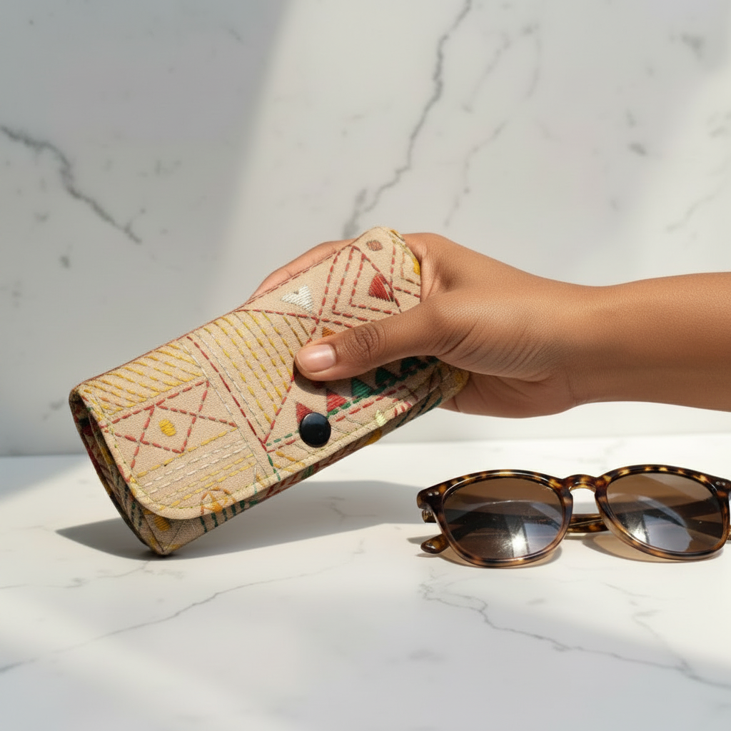 White Kantha Spectacle Case - Handcrafted Bengali Eyewear Holder