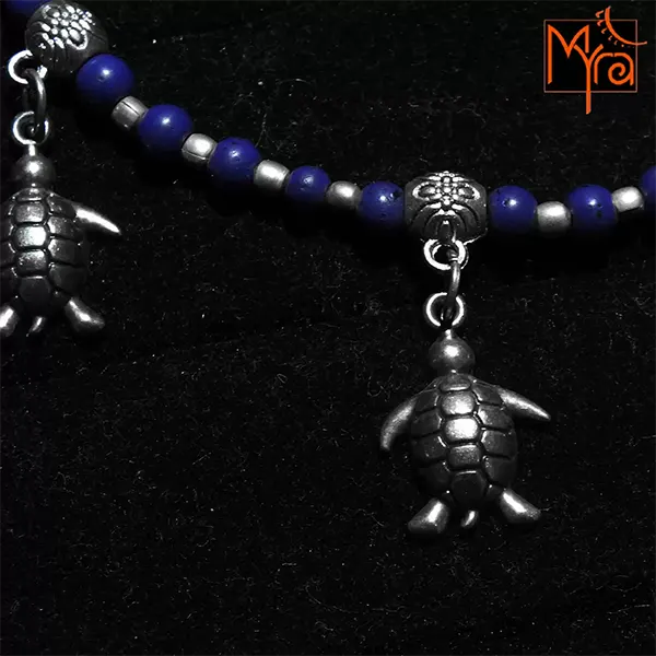 Turtle Charm Indigo Beaded Anklet