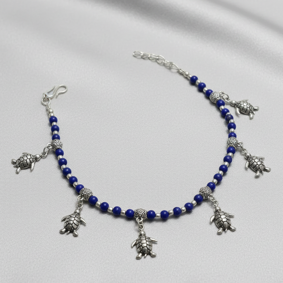 Turtle Charm Indigo Beaded Anklet