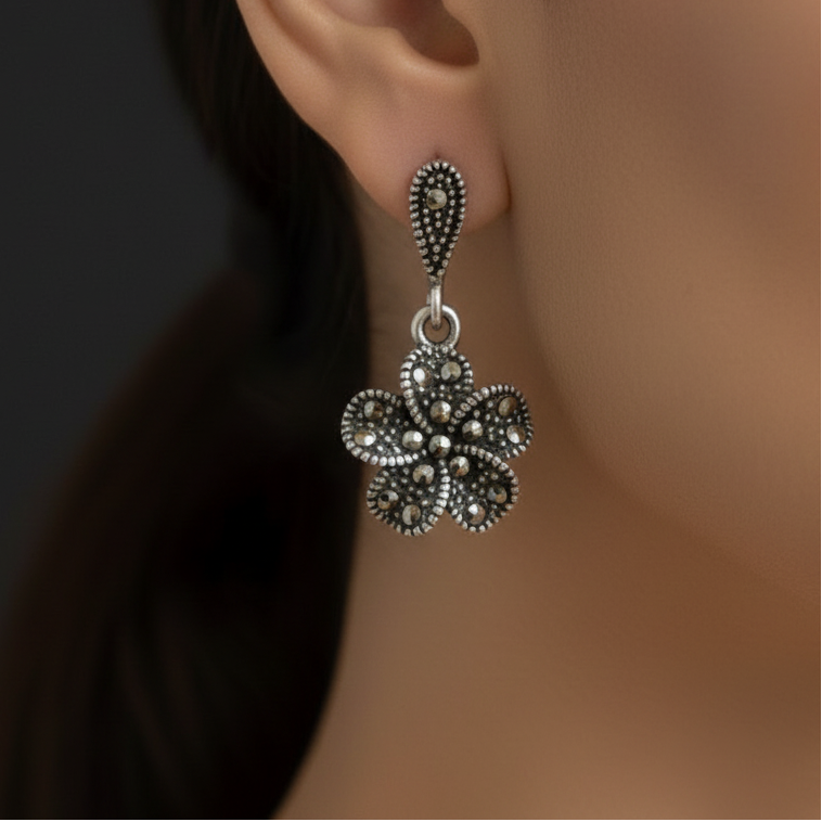 Pure Silver Marcasite Flower Earrings
