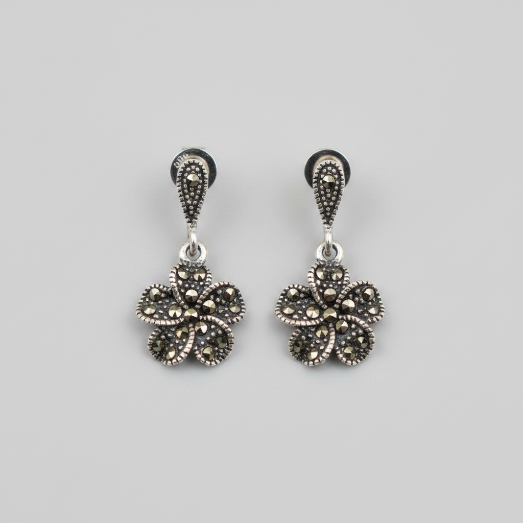 Pure Silver Marcasite Flower Earrings