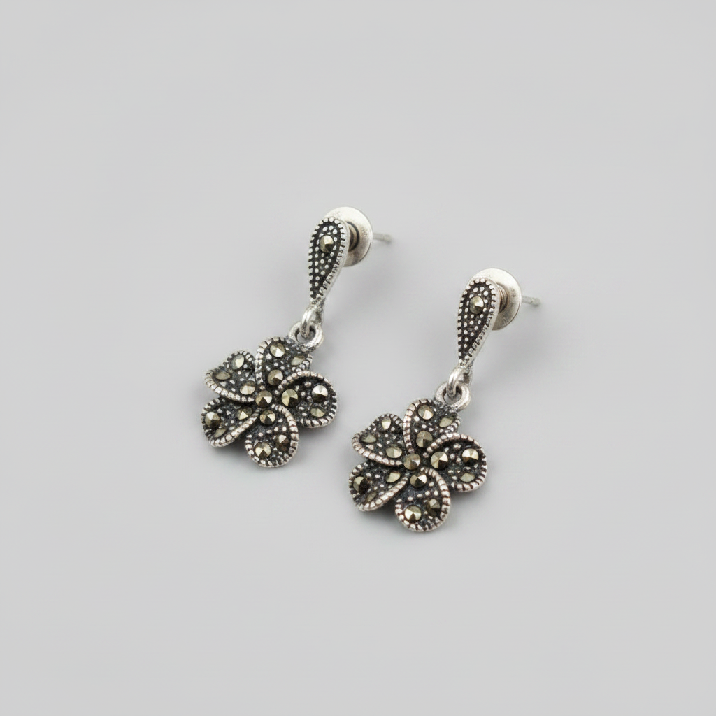 Pure Silver Marcasite Flower Earrings