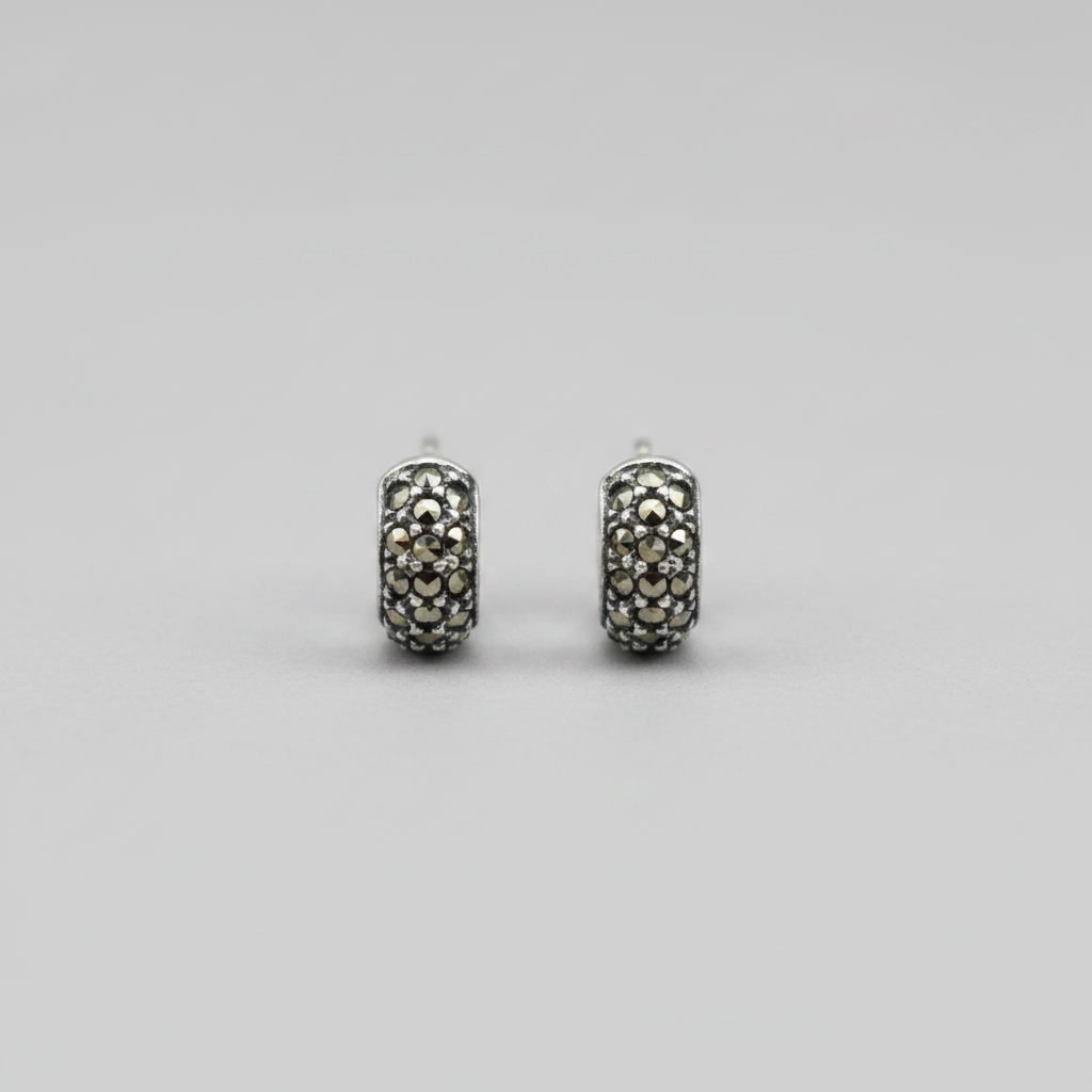 Pure Silver Marcasite Half Hoop Heavy Earrings