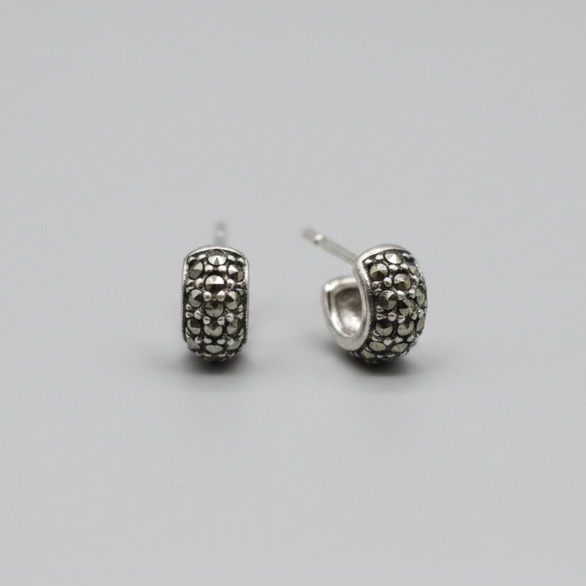 Pure Silver Marcasite Half Hoop Heavy Earrings